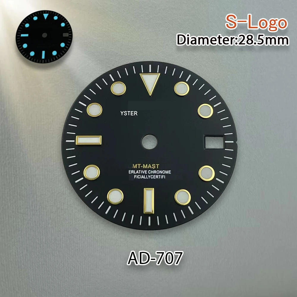 28,5 mm S-Logo GMT schwarzes Zifferblatt, geeignet für NH34-Uhrwerk, blau leuchtend, hochwertige Uhrenmodifikation, Reparaturzubehör