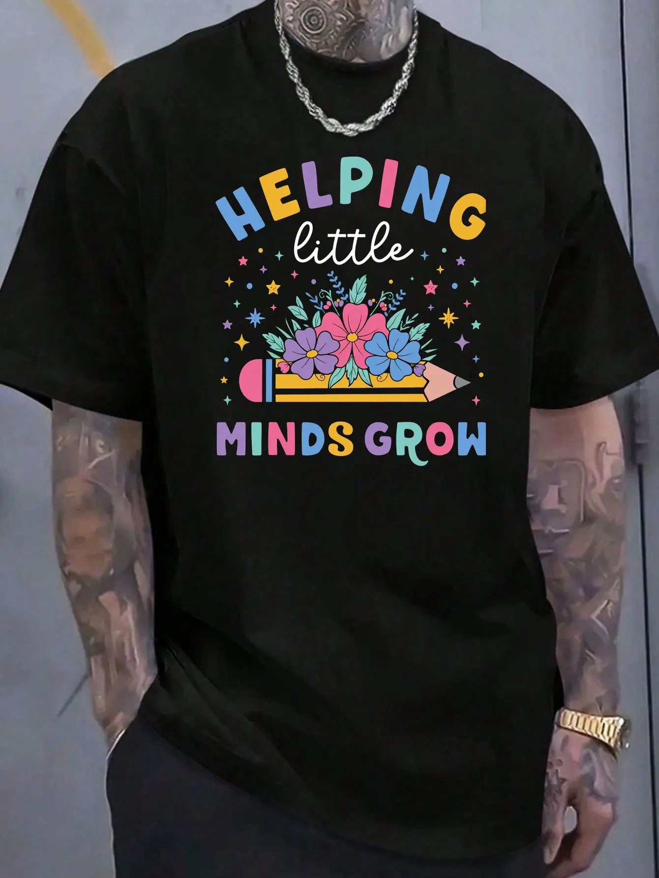 【Helps Mind and Heart Grow】Teacher T-Shirt, Unisex, Fun Floral Pencil Design, Casual Outdoor Wear, Suitable for Spring, Summer, and Autumn, Plus Size