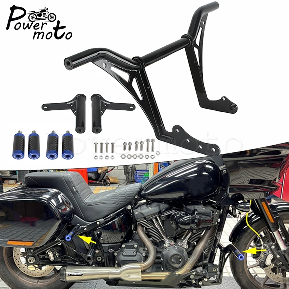 1Set Motorcycle Engine Front Crash Bar Rear Saddlebag Bumper W/ Gold Slider End Cover For Harley Low Rider ST 117 FXLRST 2022-24