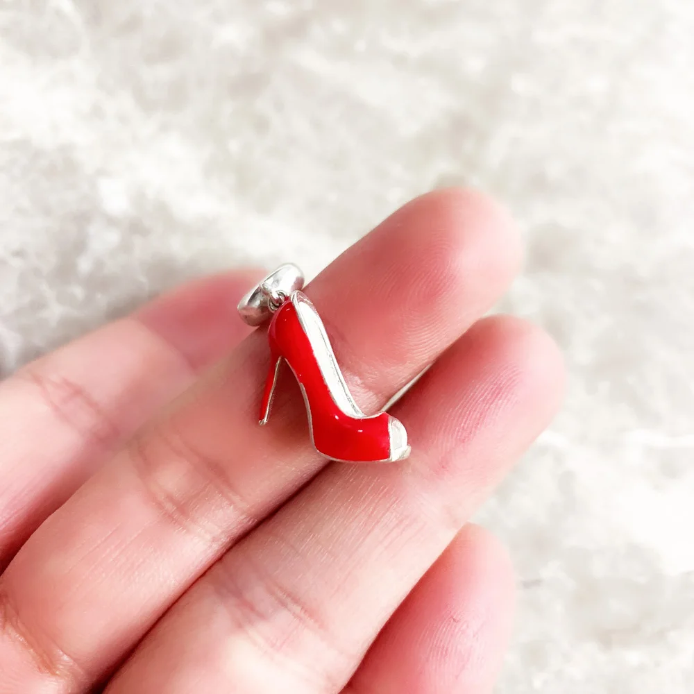 Red Shoe High Heel Dangle Charm Bead Pure 925 Sterling Silver European Jewelry Trendy Gift For Women