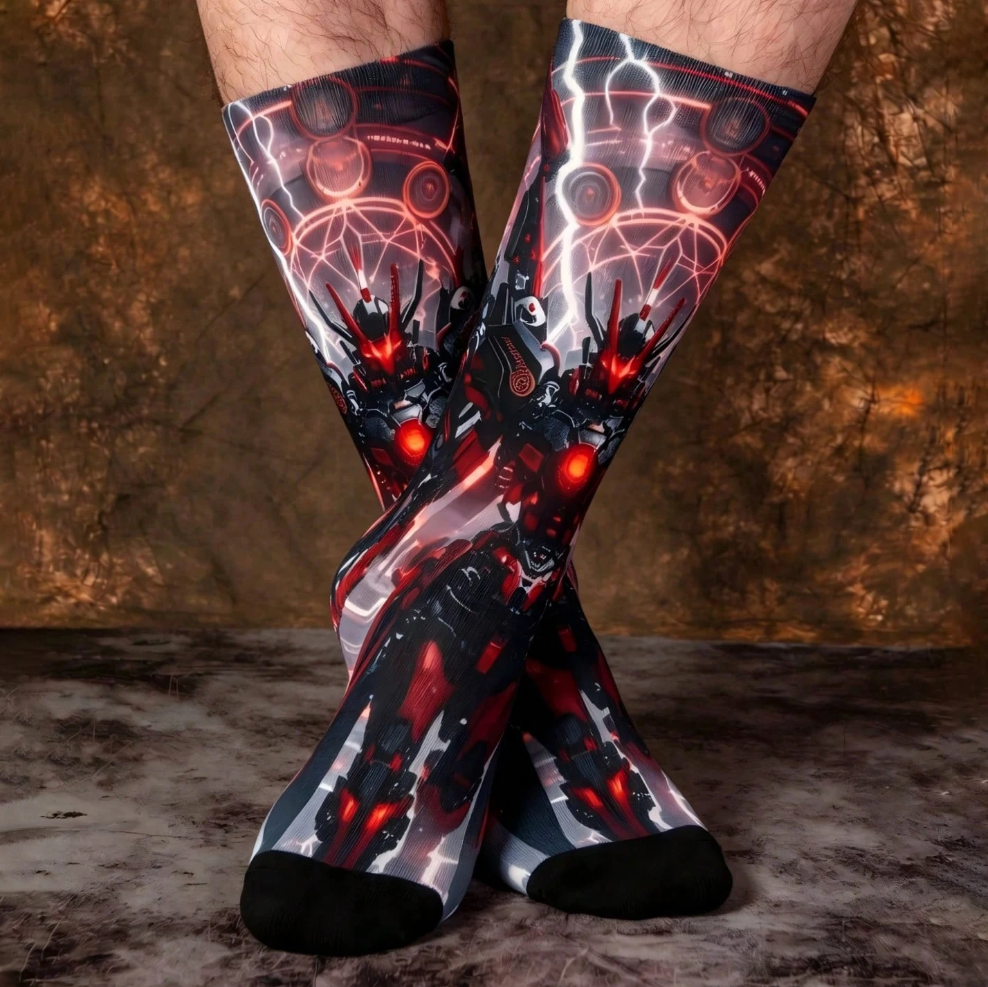 1 Pair of Cyber-Robot Style Men's Mid-Calf Socks, Red and Black Futuristic Print Street Fashion Socks