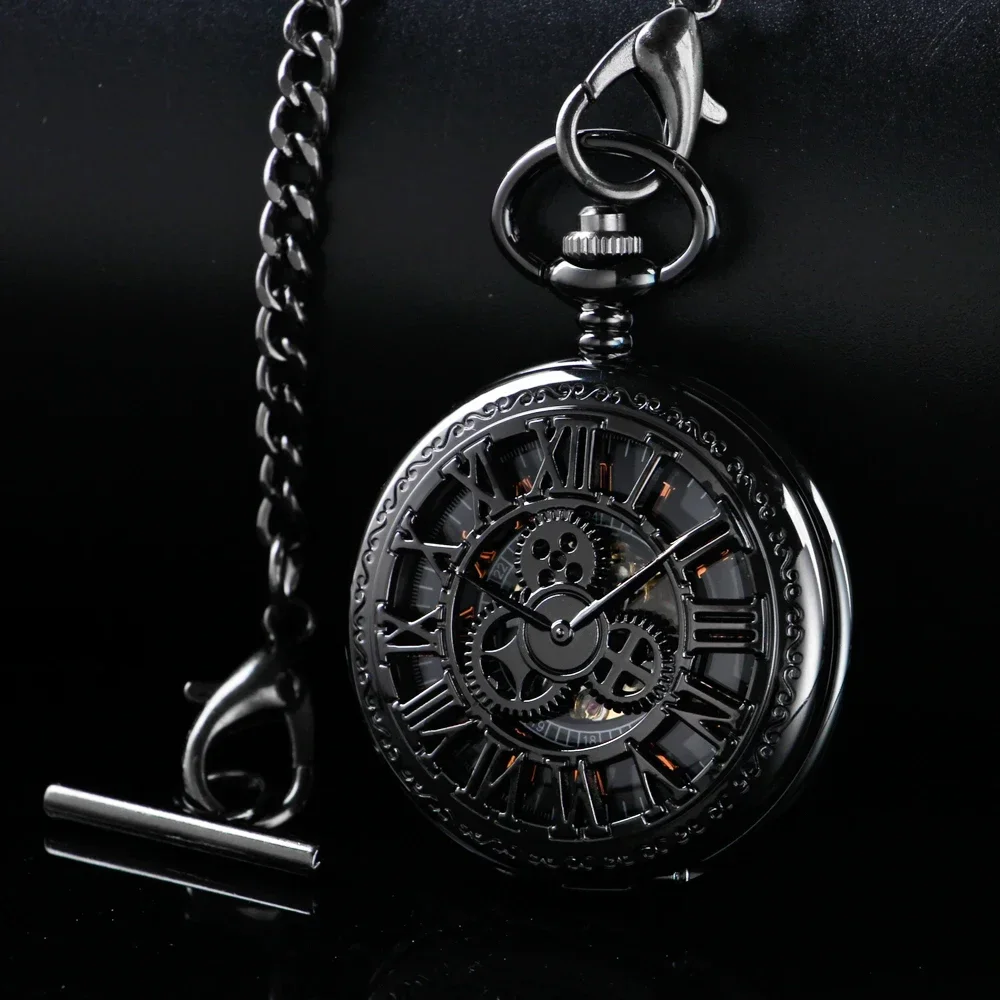 

NEW Black Gear Wheel Hollow Roman Numerals Hunter Mechanical Hand Winding Mechanical Pocket Watch Pocket Chain Male