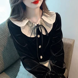 High End Doll Collar Lace Up Velvet Long Sleeved Shirt for Socialites High-end Western-style Small Shirt Top