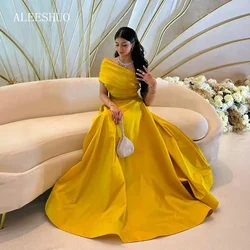 Aleeshuo Yellow Saudi Arabic Satin Evening Dress One Shoulder A-Line Formal Women Prom Party Gowns Special Occasion Dress