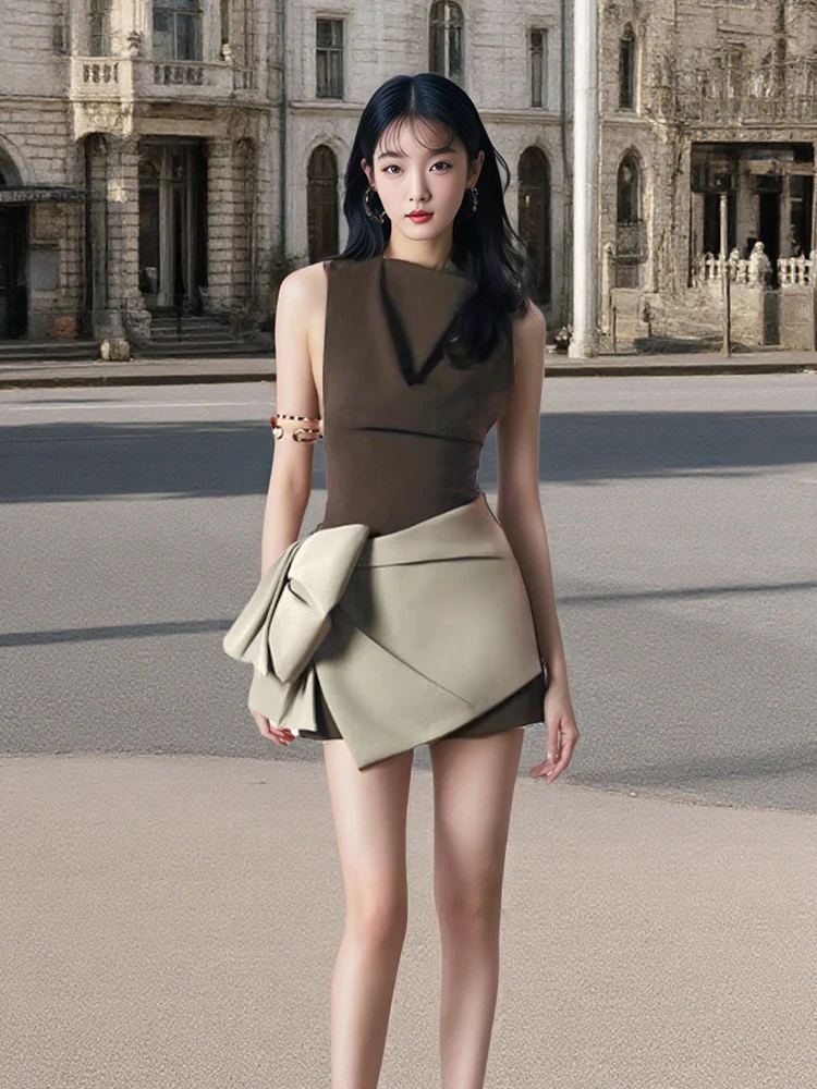 

Elegant Summer New Style Sleeveless Women's Dress High Waist Knot Color Block Waist Cinching Gown Short A-Line Skirt