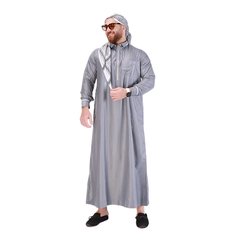 2024 Eid Men Embroidery Abaya Full Sleeve Long Robes Stand Collar Men Thobe Arab Muslim Dress Middle Eastern Clothing Abayas