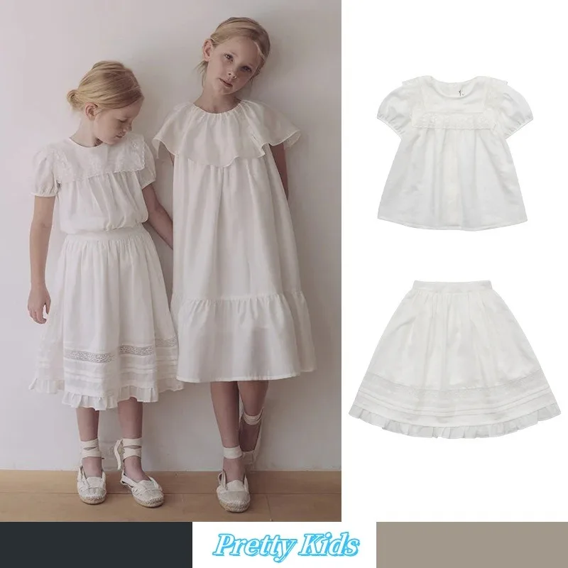 

Pre-sale LOU Dress 2025 SS New Girls' and Children's Natural Silk Cotton Pure White Short Sleeved Top and Half Skirt Set Clothes