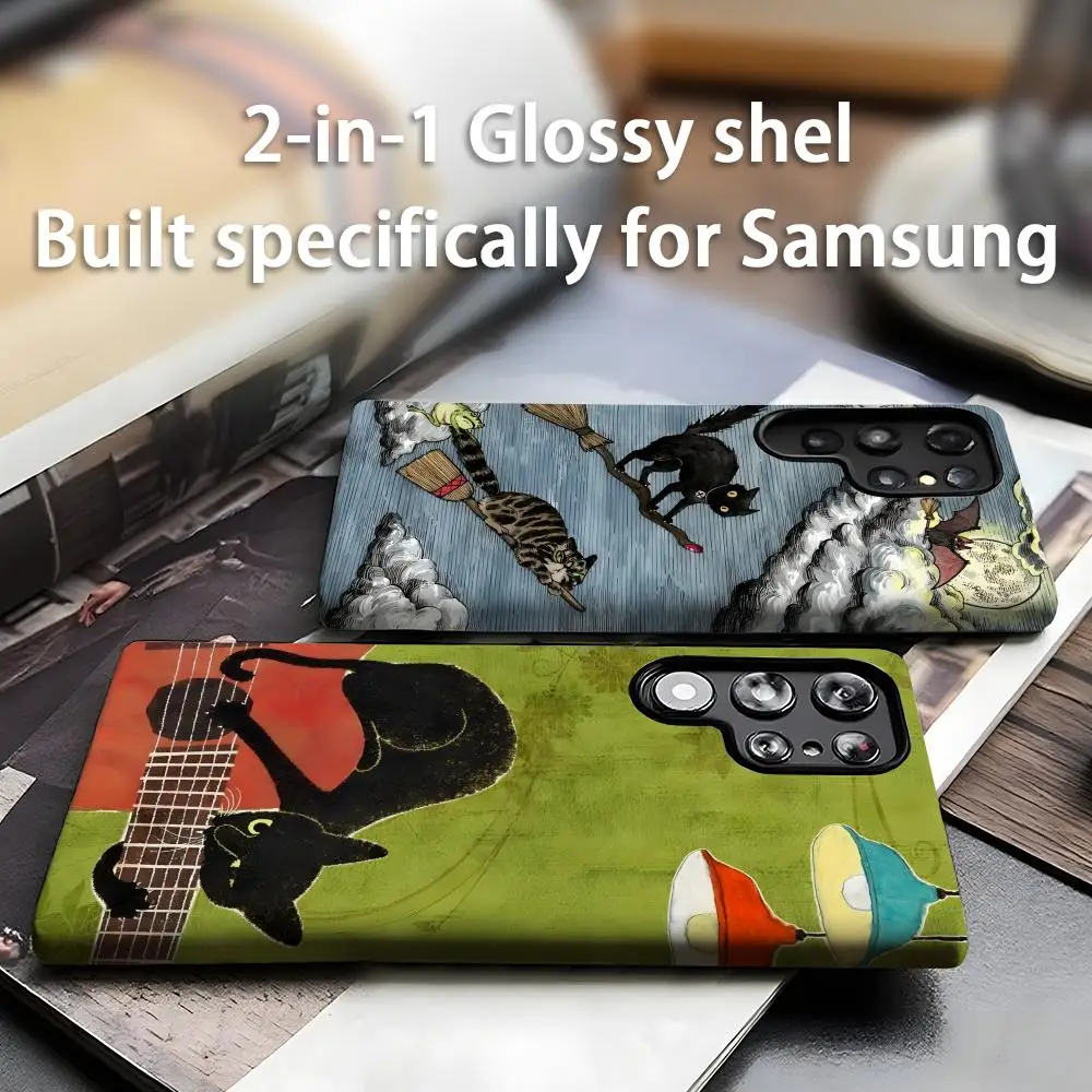 Abstract cute Cat Phone Case For Samsung Galaxy S25 S24 S23 S22 S21 Plus Ultra 2-in-1 Glossy shell