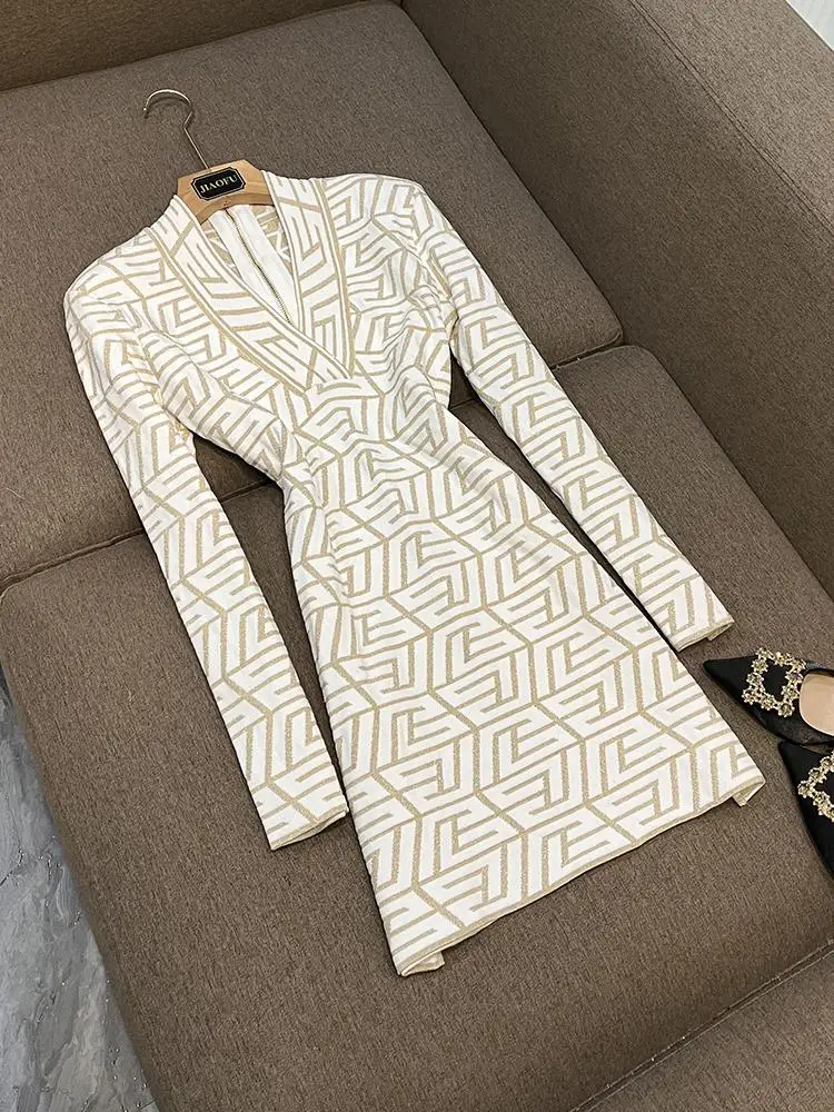 

Модное высококачественное трикотажное платье с V-образным вырезом, облегающее, с длинными рукавами, для женщин, для повседневной носки, весна-осень-зима, B9660