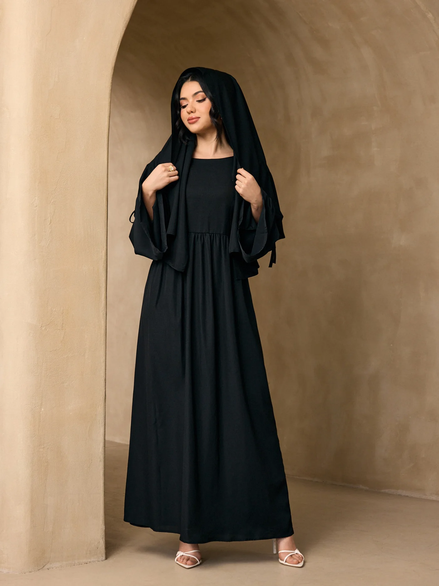 Contrast Trim Flare Hem Open Abaya 3Pcs Set Tassel Waist Belt Hijab, Loose Modest Gown For Muslim Ladies Eid Party Outfit