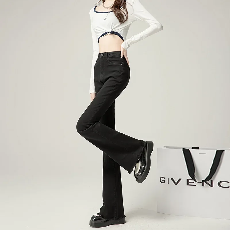 Spring 2024 New Style Women's High-waisted Micro-flared Jeans Slimming Vintage Waist-fitted Elastic Fringe Bell Bottoms