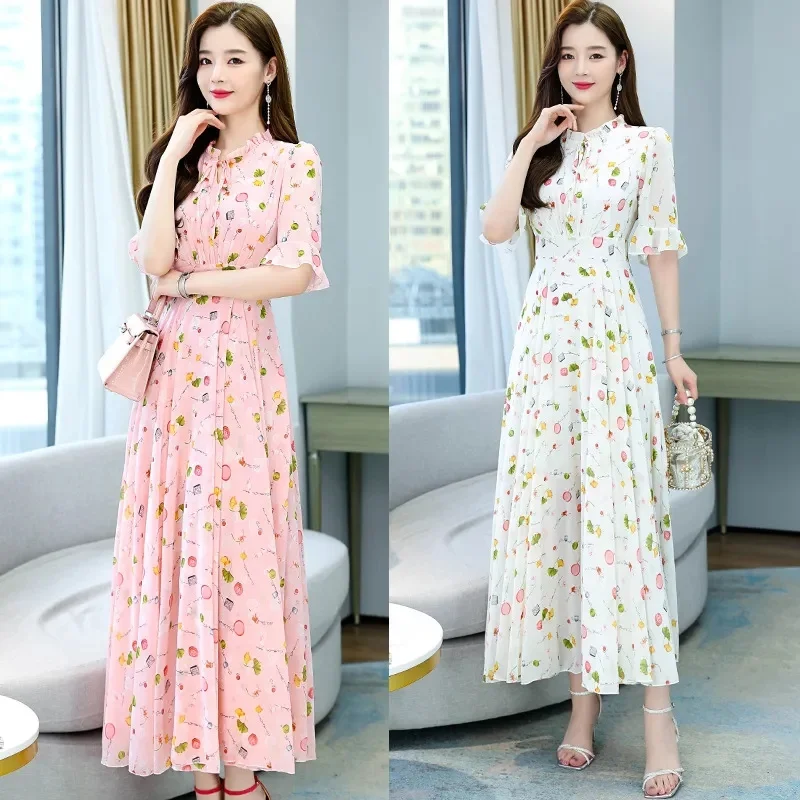 Women Chiffon Pink Floral Elegant Maxi Dress 2024 Summer Long Tunics Formal Midi Bodycon Casual Beach Prom Dresses