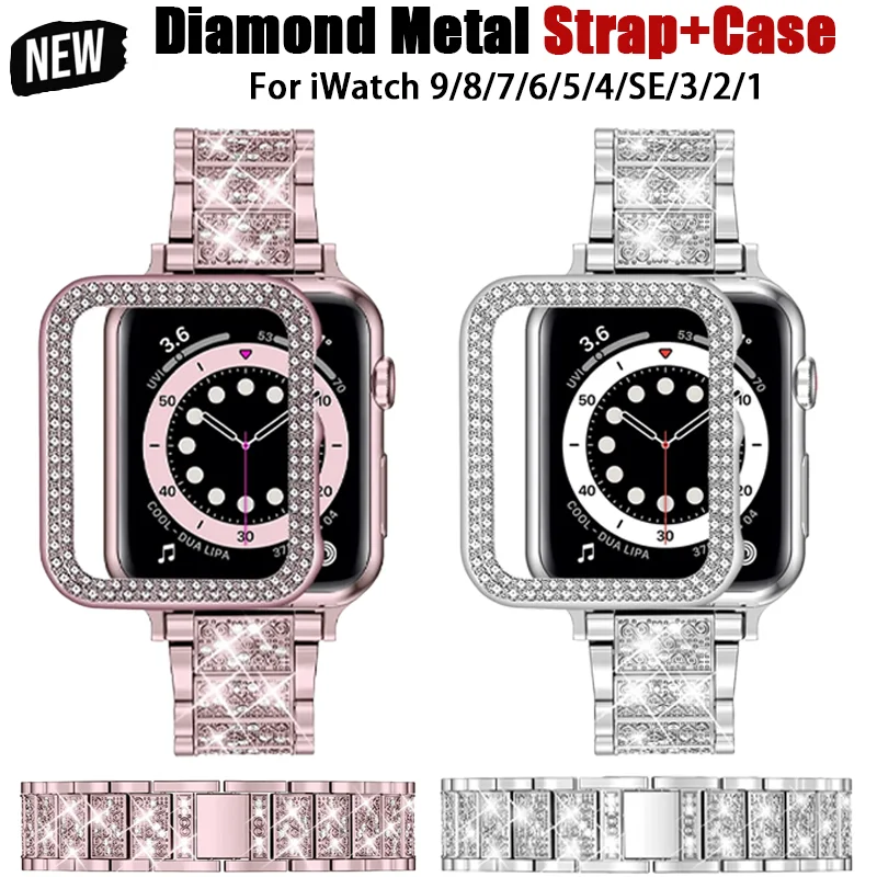 

Diamond Metal Strap+Tempered Film Case For Apple Watch 9/8/7 45mm 41mm Luxury Women Bracelet iWatch 6 5 4 SE 44mm 40mm WristBand