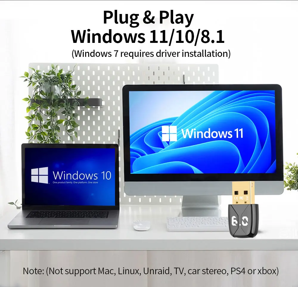อะแดปเตอร์ดองเกิล USB บลูทูธ 6.0 บลูทูธ 5.4 ตัวส่งสัญญาณไร้สาย ตัวรับสัญญาณสำหรับพีซี วินโดวส์ 11/10/8.1 สำหรับคีย์บอร์ด/เมาส์/หูฟัง