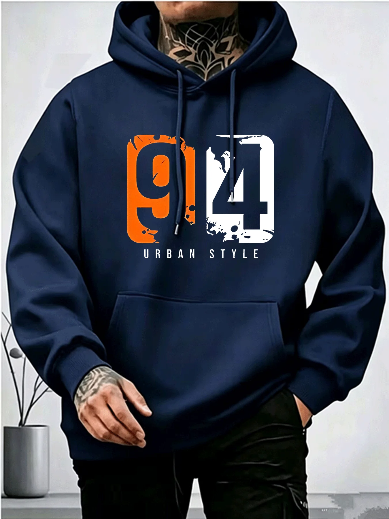 Y2K Distressed Style Number 94 Print Men's Hooded Sweatshirt, Trendy and Individualistic Street Style Casual Top for Teenagers