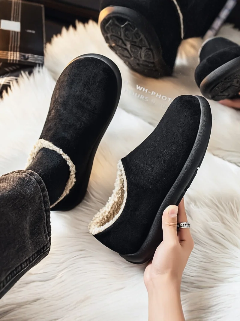Men's Cotton Slippers Winter Fleece Lined Warm Anti-slip Soft Bottom Leather Fur Integrated Covered Head Casual Large Size Bi...