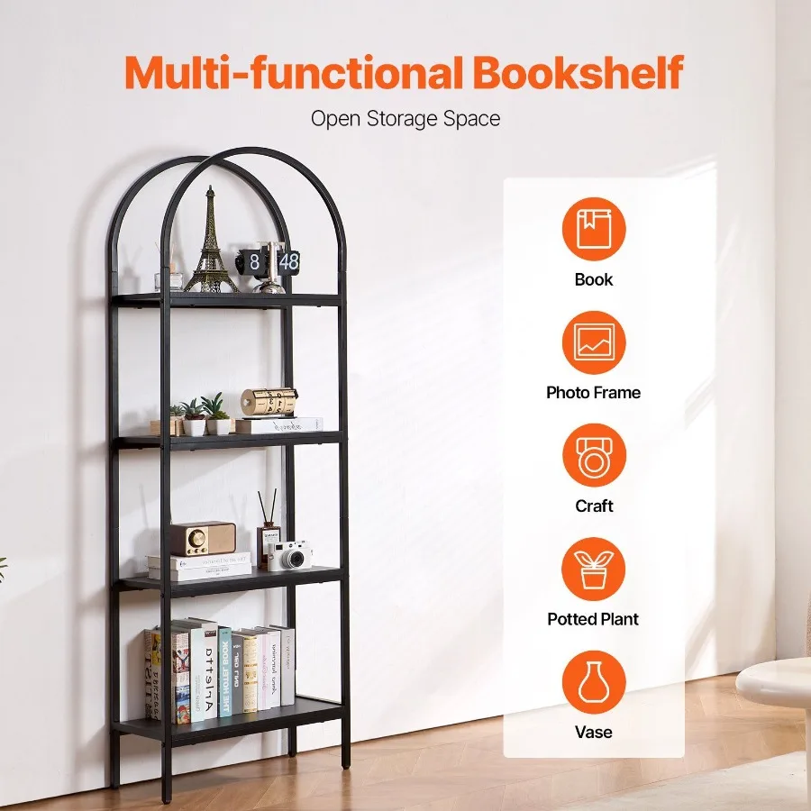 Metal Bookshelf 4Tier Arched Industrial Bookshelf Small Rustic Vintage Storage Bookcase with Open Shelves Freestanding Display