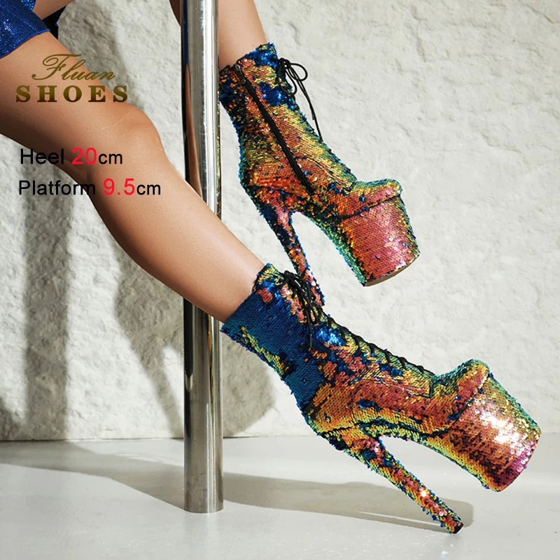 

20CM Thin Heel Bling Pole Dance Boots Woman Glitter Sequin Club Gladiator Fetish Shoes Gold And Blue Platform Short Booties CD