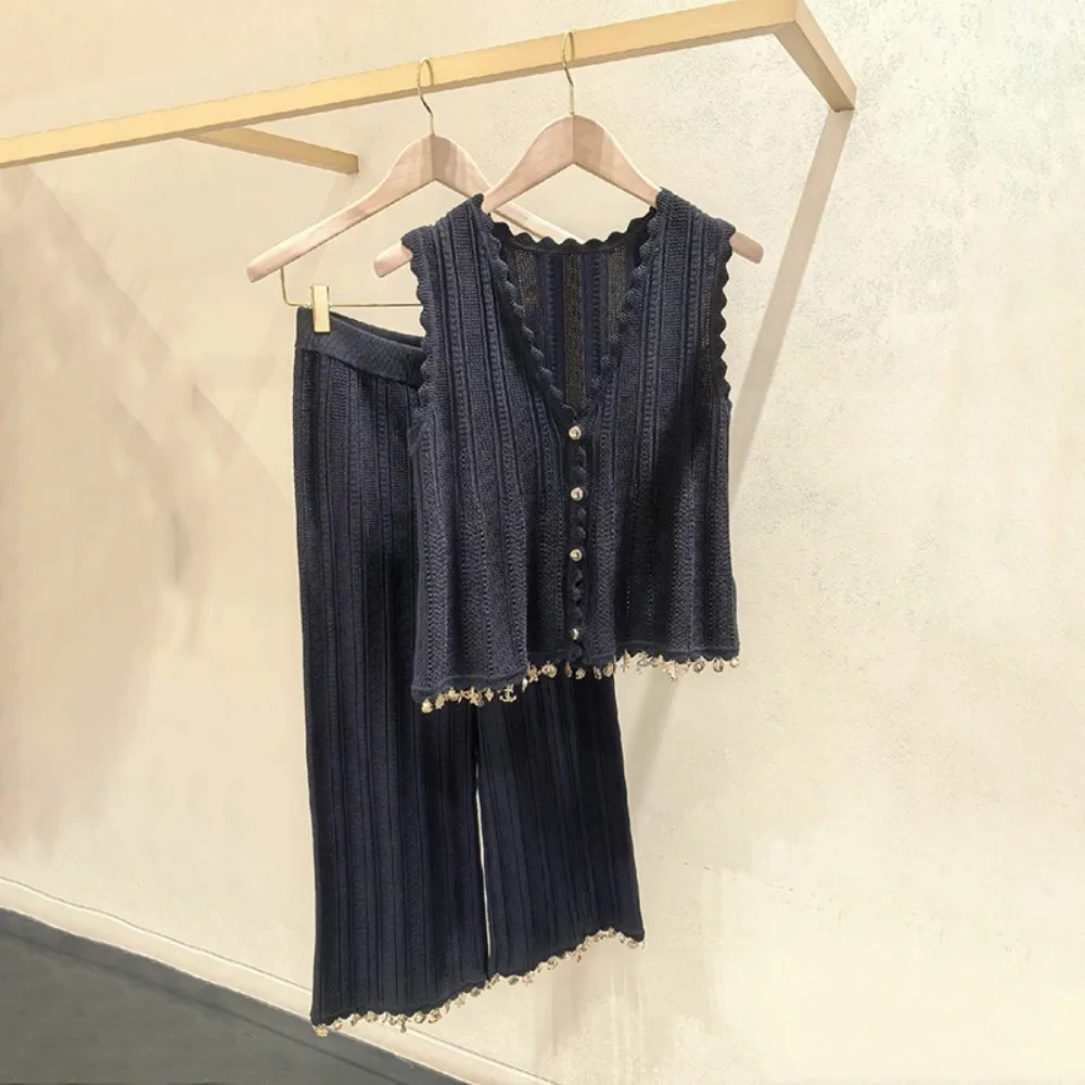 

French Style 2026 Summer Ocean Element Knit V Neck Sleeveless Top with Metal Fringe Casual Pants Set