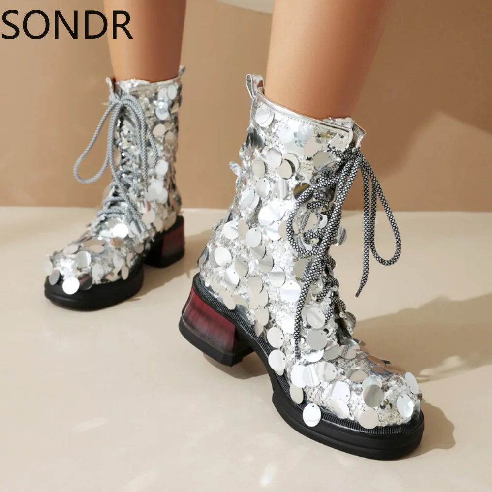 

Womens Knee Thigh Ankle Boots Sequins Sliver Colors Bling Block Heel Lace Up Party Cosplay Retro Shoes Plus Sz Punk Warm Winter