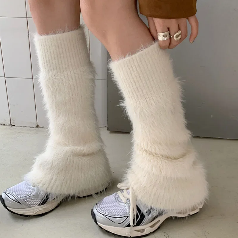 Y2k Plush Leg Warmers Women's Winter Warm Mid-calf Socks Flared Stockings Imitation Mink Leggings Lolita Boots Cover Socks