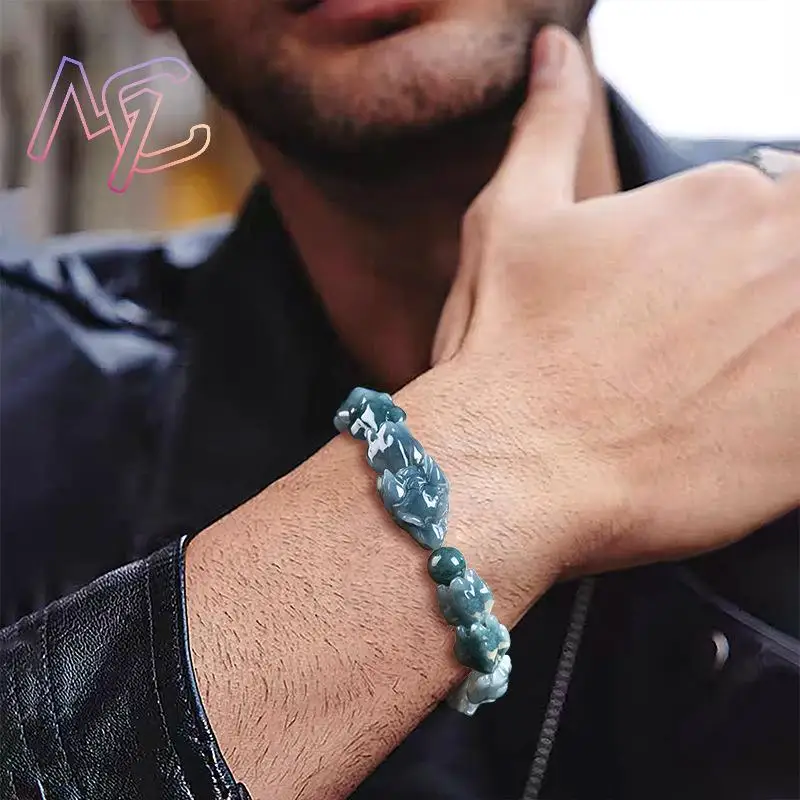 Blue Myanmar Jadeite Dragon Bracelet Talismans Natural Burmese Jade Stone Bangle Charm Amulet Carved Gemstone Vintage - Image 5