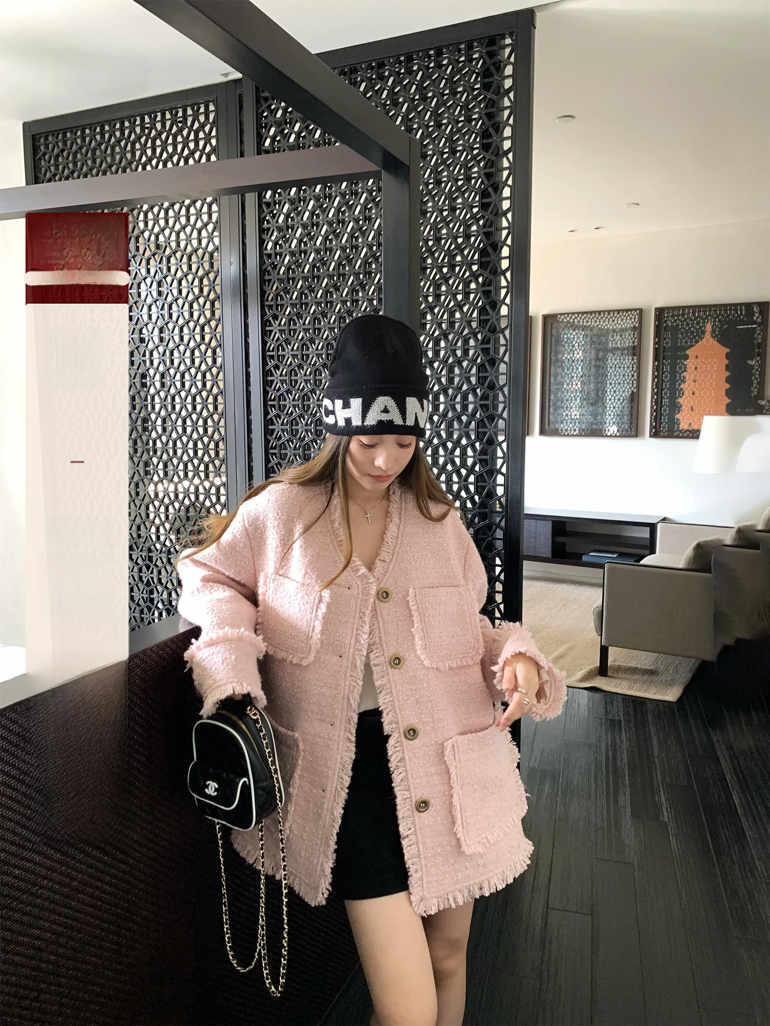 

Hhi Tulip Pink Tone Fringed Tweed Casual Women's Outerwear Autumn Season High-End Feel ort Coat Ladylike Sle