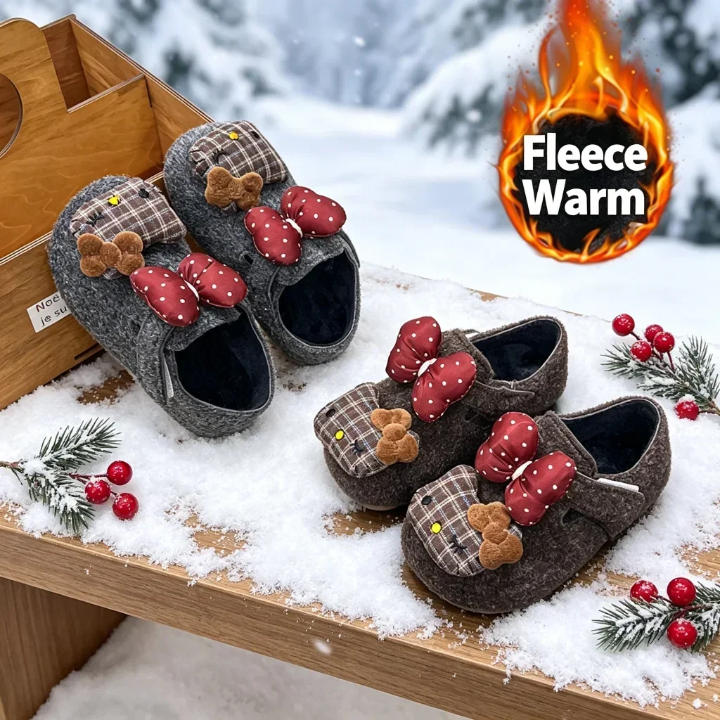 Toddler Girls Fleece Lined Mule Slippers, Cute Bow Decor Warm Non Slip Closed Toe Shoes for Indoor Home Wear