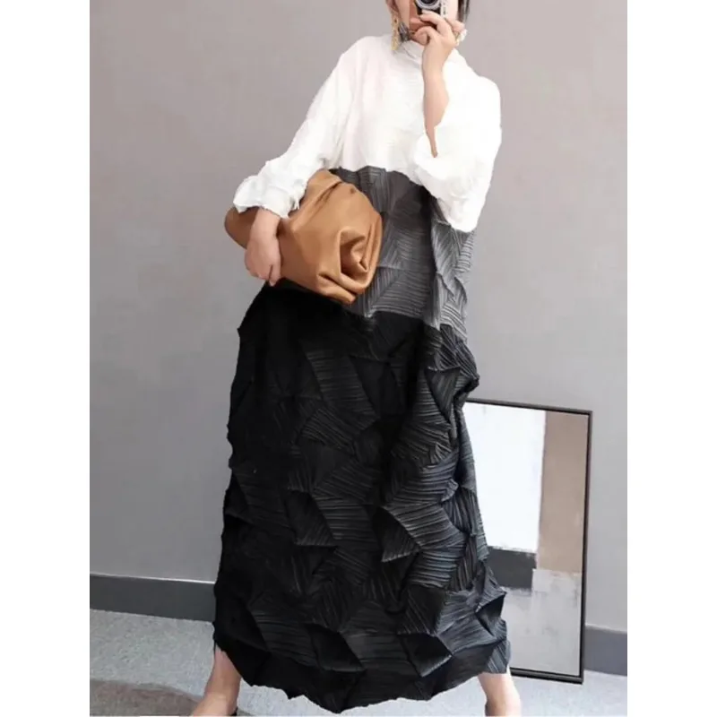 YUDX Miyake Stand Collar Color Block Dress Long Length Women 2024 New Autumn Vintage Loose Pleated Dresses Elegant