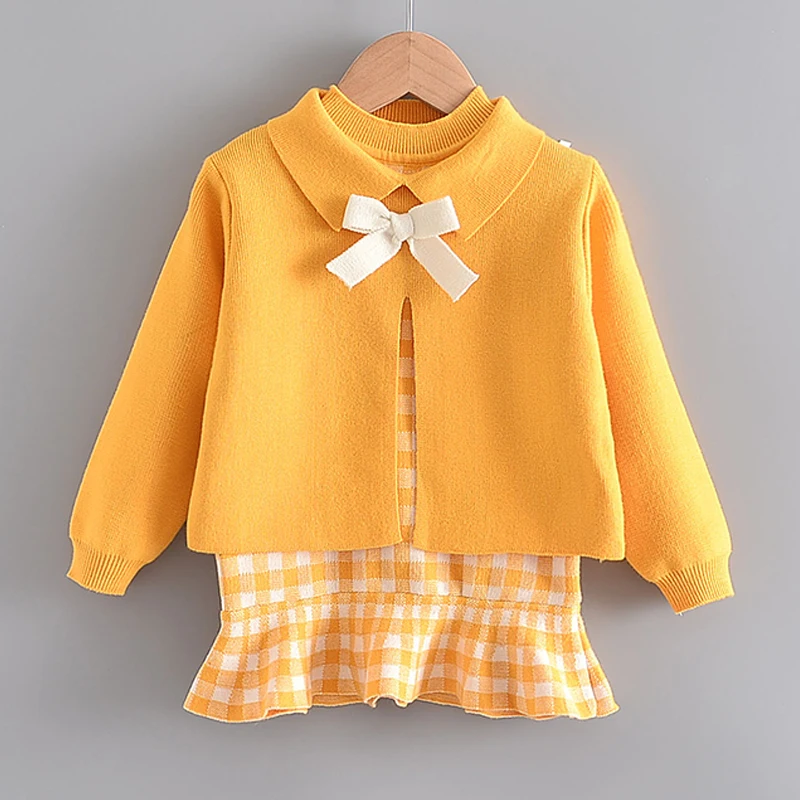 Bären führer Mädchen Kleidung Set 2-6 y Frühling Herbst neue Mädchen Plaid Weste Kleid Retro Outwear Mantel 2 pcs Mode Baby Party Outfits