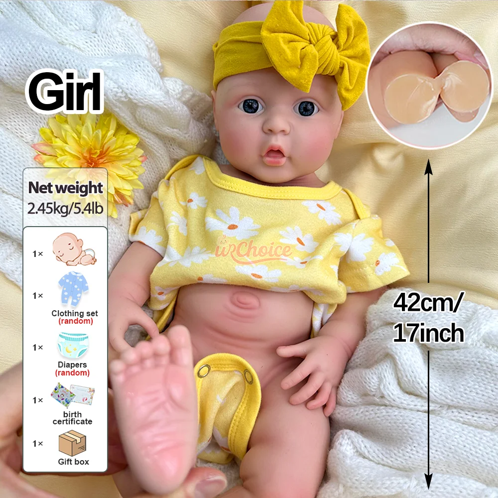 17" Flexible Soft Silicone Reborn Baby Doll Girl Handmade Painted Newborn Bebe Toy For Reborn Doll Enthusiasts Christmas Gift