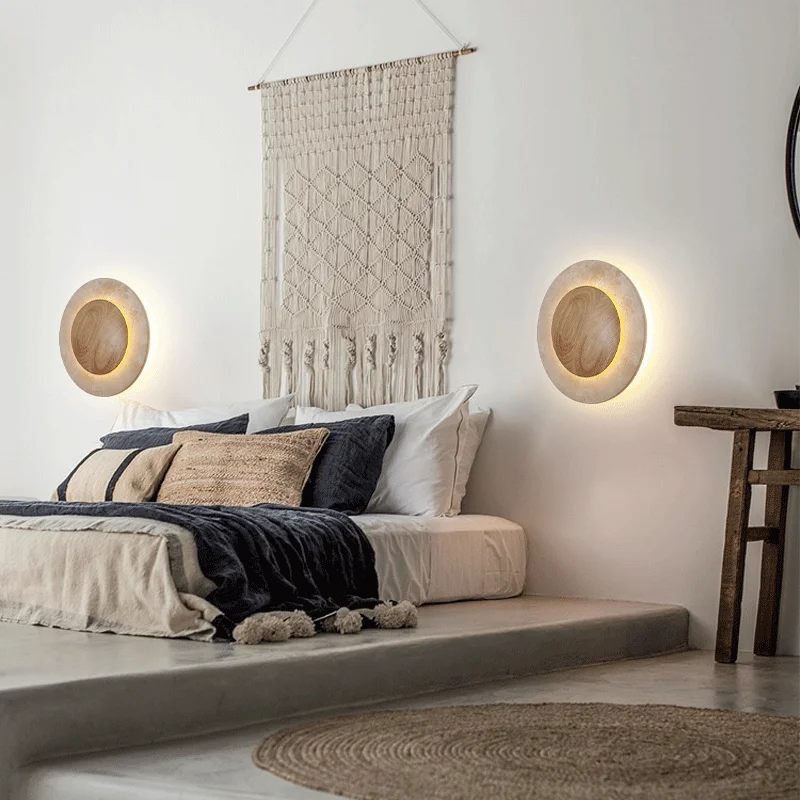 Vintage Round Shape Natural Stone Art Decoration Wall Lamp Interior Wall Lights Bedroom Decor Led Sconce Cream Home-appliance