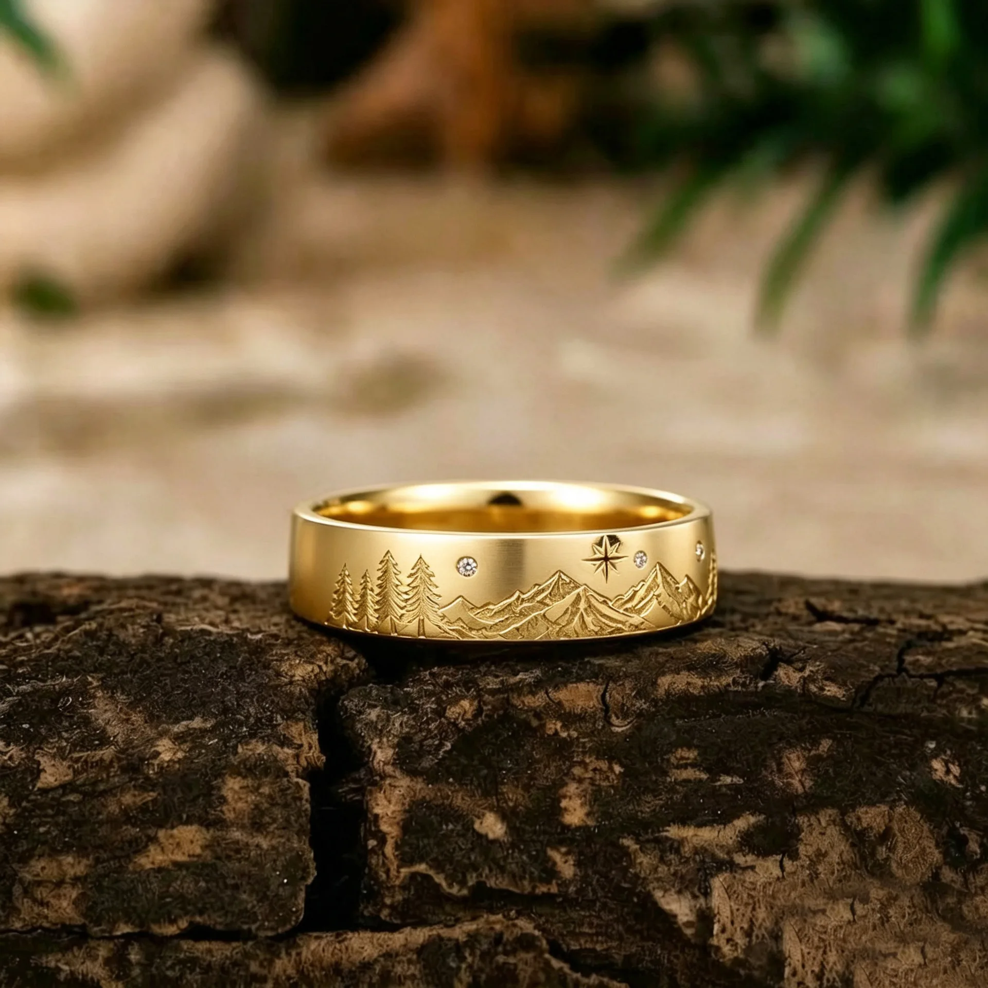 High-quality 18-karat Gold Mountain Engraved Gold Ring Tiny CZ Stone Nature Landscape Wedding Band for Men Women