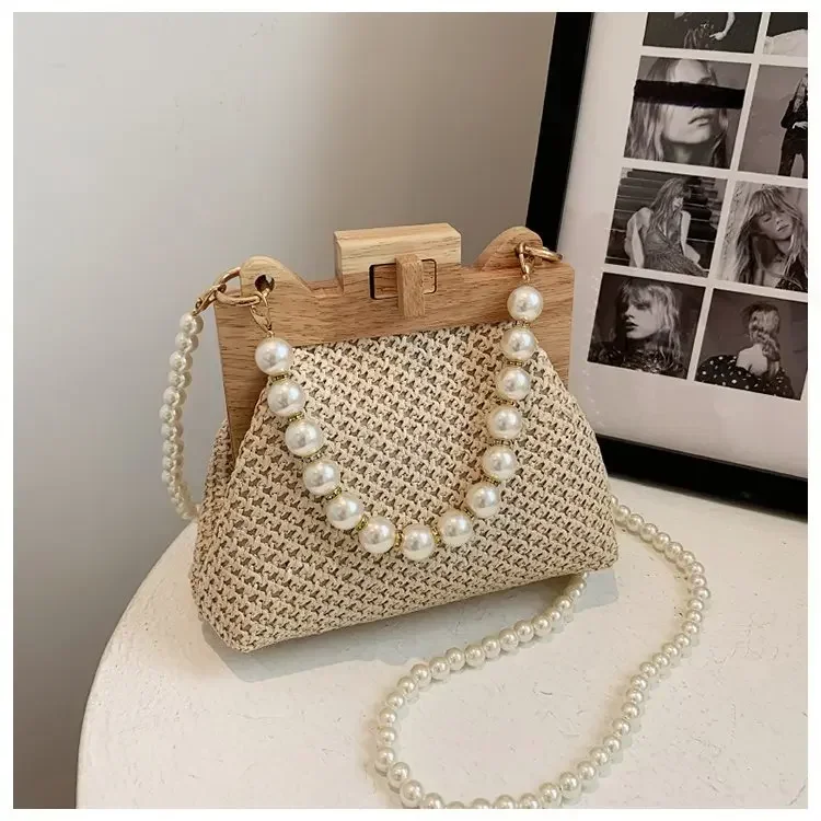 

Woven Straw Crossbody Women's New Summer Wooden Top Carrying Handle Clip Bags Luxury Designer Handbags Trendy Ladies Tote Bag