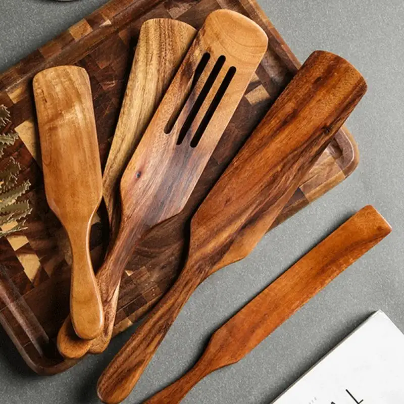 1PC Slotted Spurtle Spatula for Stirring Natural Teak Kitchen Utensil Kitchen Turner  Heat Resistant Non Stick Wood Cookware