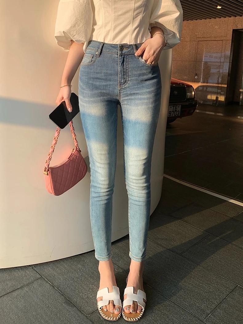 

High Waist Slim Fit Denim Jeans Women's French Bread Sle Elastic Stretchy Waed Blue Pencil Pants Retro Cotton Stretch