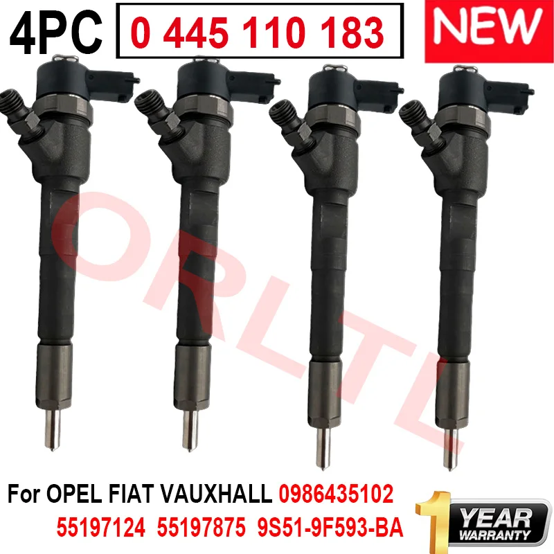 

4PCS NEW 0445110183 Genuine Fuel Injector 0445 110 183 FOR OPEL FIAT VAUXHALL 0986435102 55197124 55197875 9S51-9F593-BA