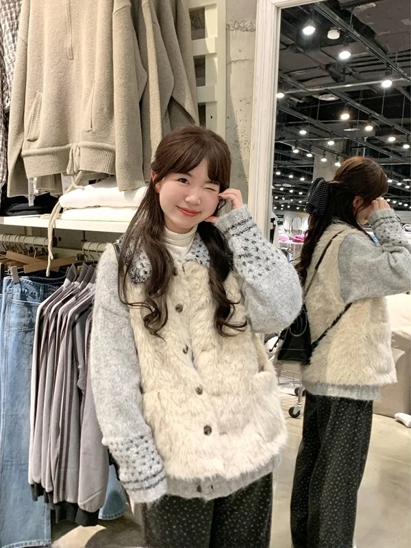 

Korean Style Knitted Sweater Collar Vest Set Color Block Retro Autumn Winter New Arrival Women's Fashion Casual Wear