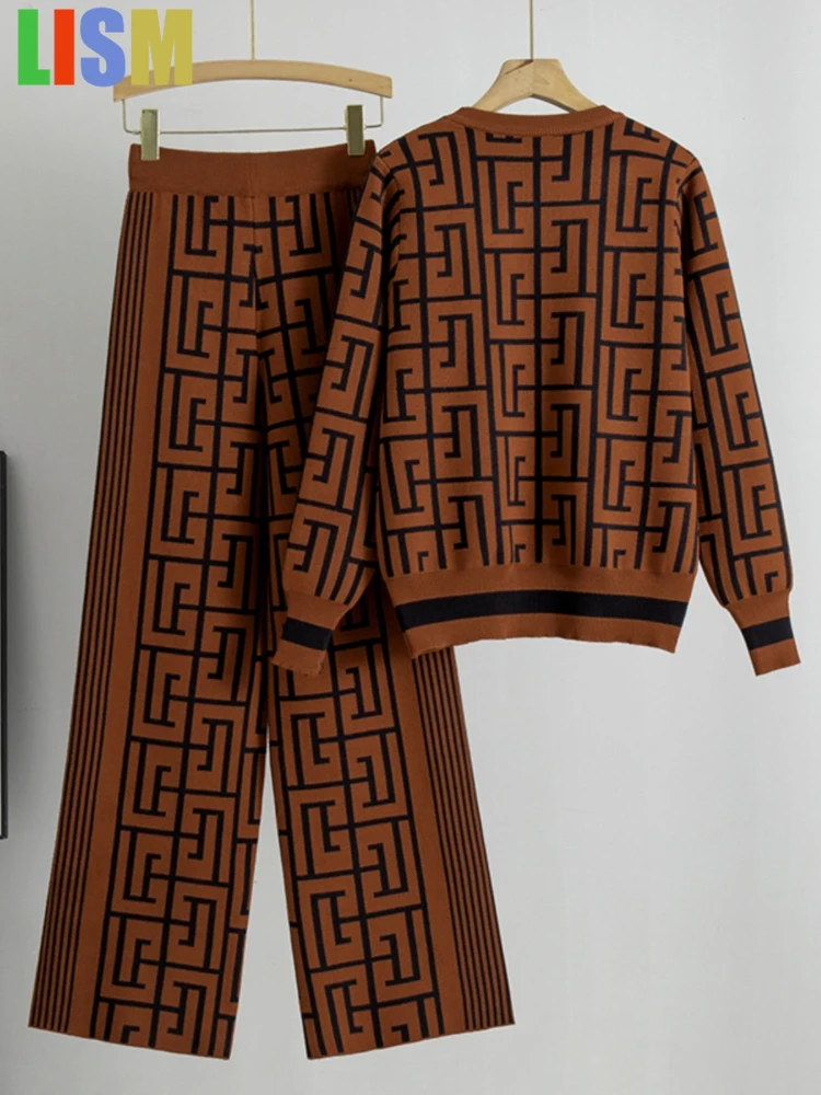 

LISM Winter Women's suit 2 pieces set knittedLong Sleeve Pullover and High Waist Wide Leg Pants Vintage Women Knit Printed