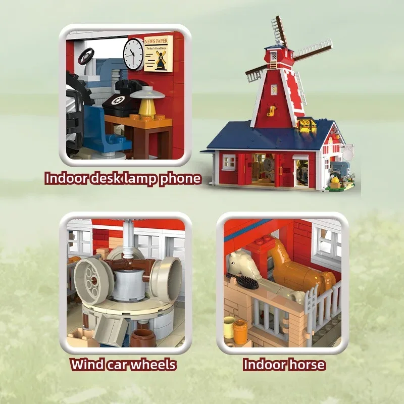 Windmill Farm Building Blocks 1810PCS Garage Stable Hut Model with USB Light Creative Play Toy Holiday Gift for Kids Adults