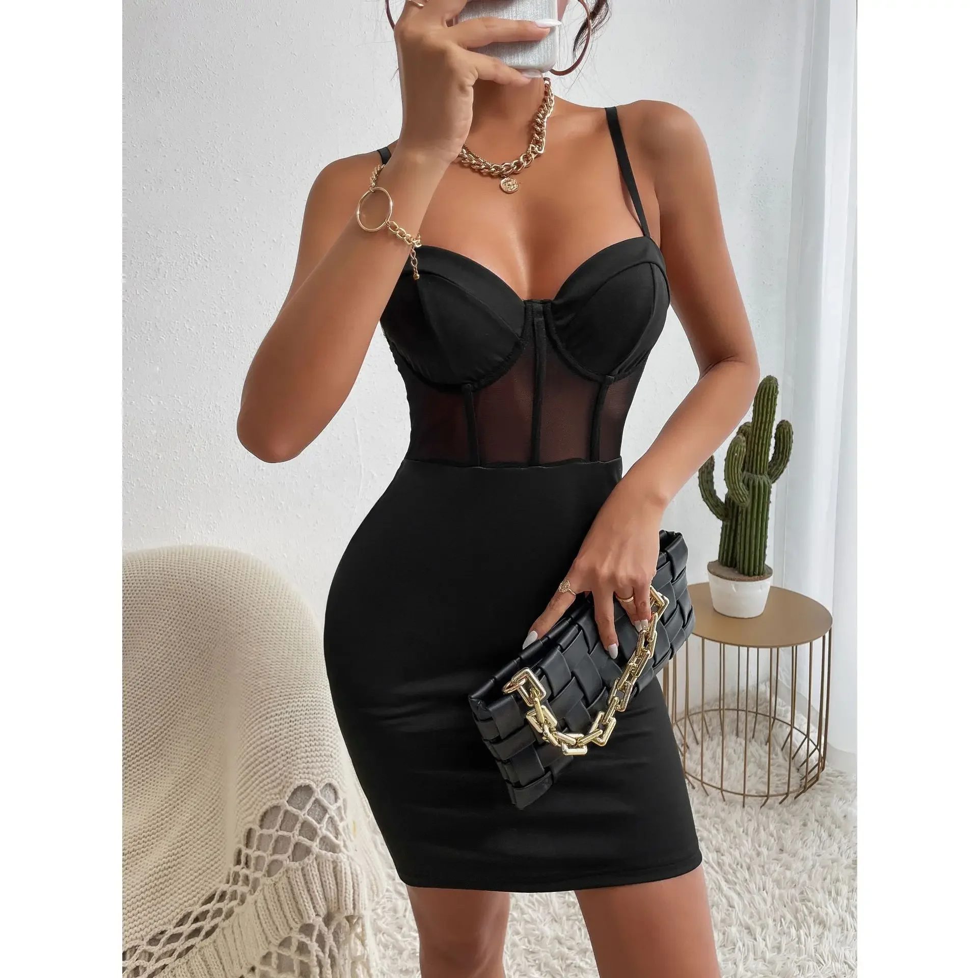 Y2K Sexy Club Party Hollowing Mesh See Through Slim Dress,Women Nightclub Wear Fishbone Halter V Neck Sheer Package Hip Skirt