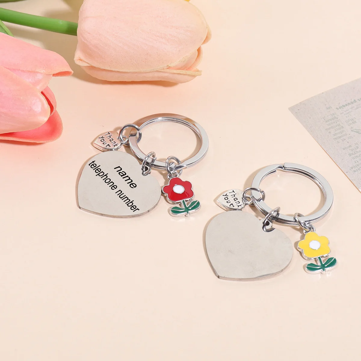 

Flower Custom Text Keychain Personalized Name Key Ring Stainless Steel Laser Engraving Gift Pendant Customized Text Key Chain