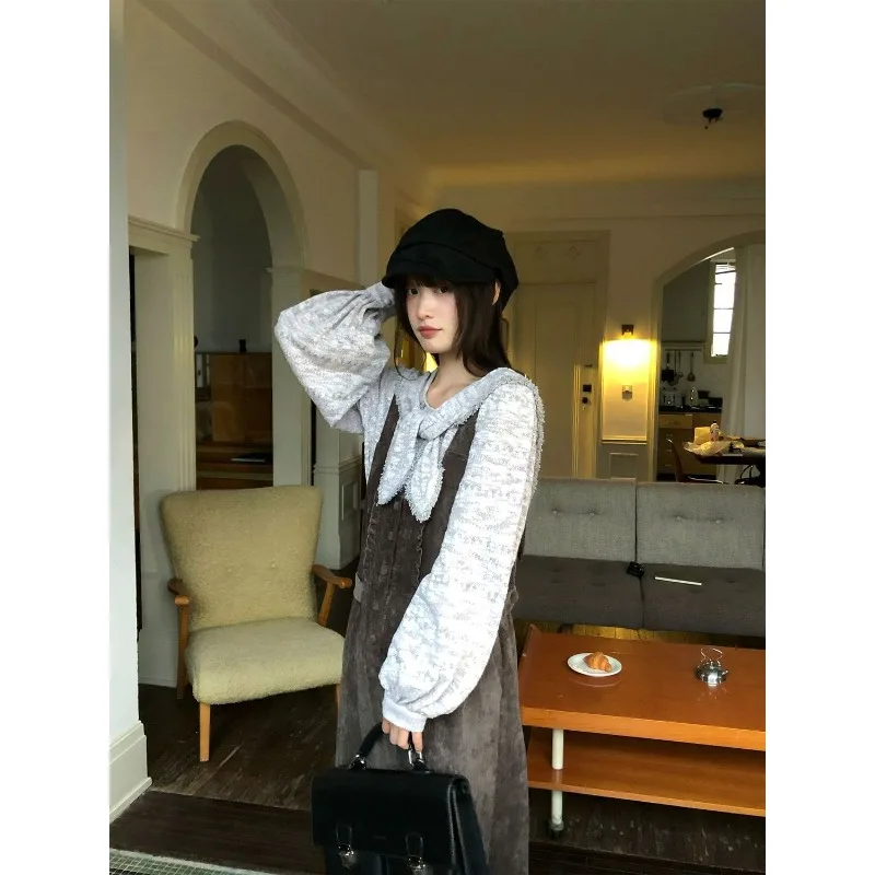Gray coffee autumn and winter chenille thick trousers college style ancient and versatile women's wide-leg overalls
