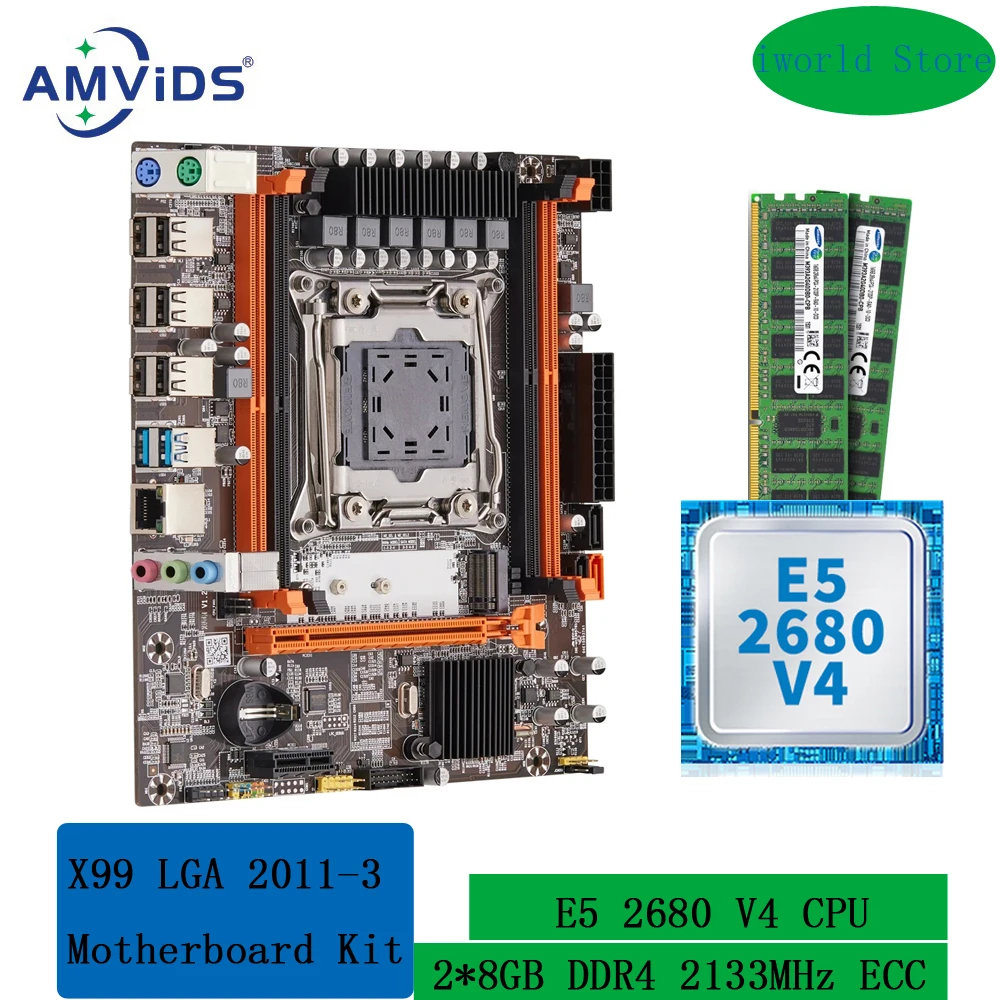 

X99 Motherboard Kit with Intel Xeon E5 2680 V4 CPU LGA 2011-3 and 2*8GB DDR4 2133MHz ECC REG Memory Combo Set SATA3.0 USB3.0