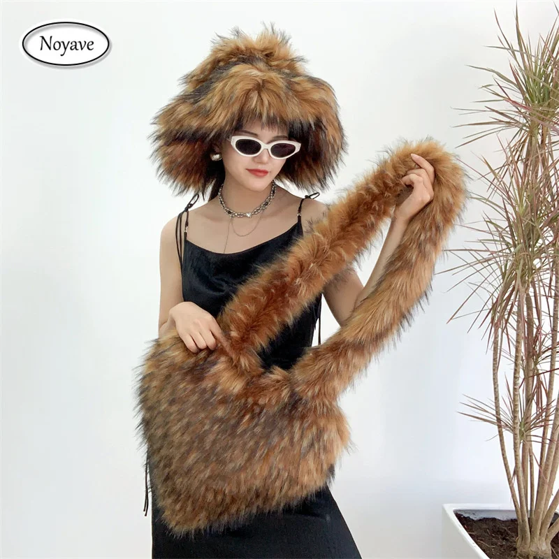 New Pink Large Brim Winter Warm Plush Bucket Hat and Bag Women\'s Imitation Raccoon Fur Fisherman Hat Bucket Hat Hats for Women