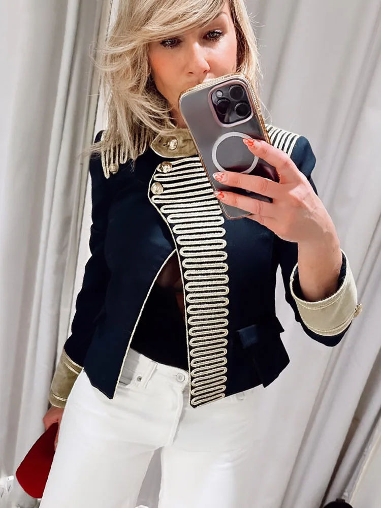 HH Women Fashion Coat Solid Lapel Plate Buckle Decoration Coat Female Spring Casual Loose Long Sleeve High Street Short Jacket
