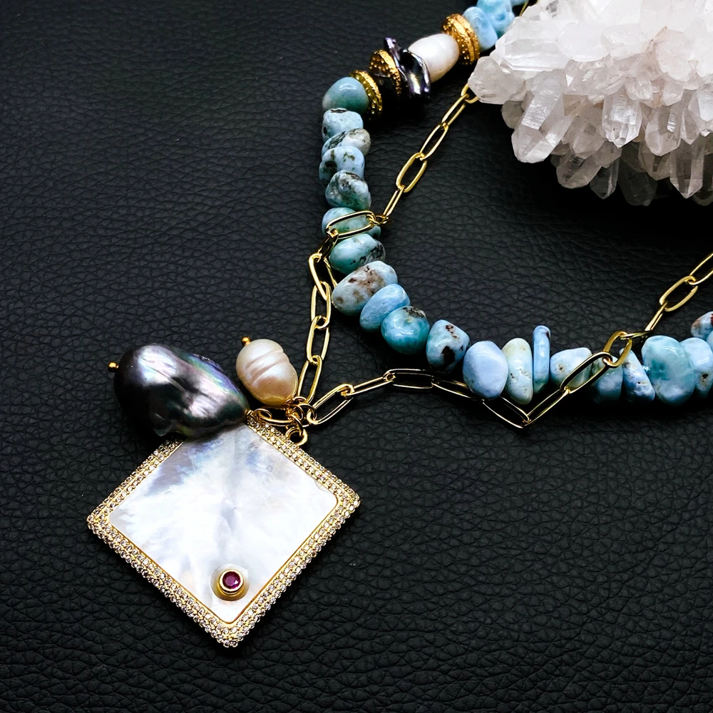 KKGEM natural black keshi pearl CZ pave white square shell pendant  freeform shape Blue Larimar gold plated chain  Necklace