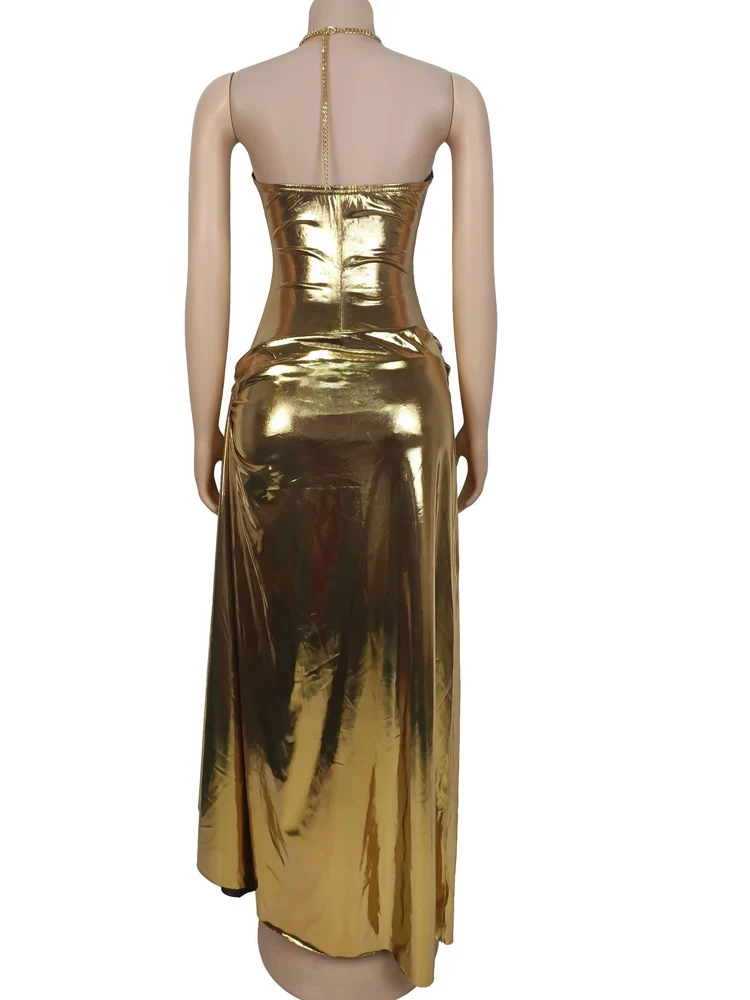 Kricesseen Sexy Women's Metallic Gold Halter Maxi Dress New Ladies Ruched Cut Out Backless Chain Detail Formal Party Gown