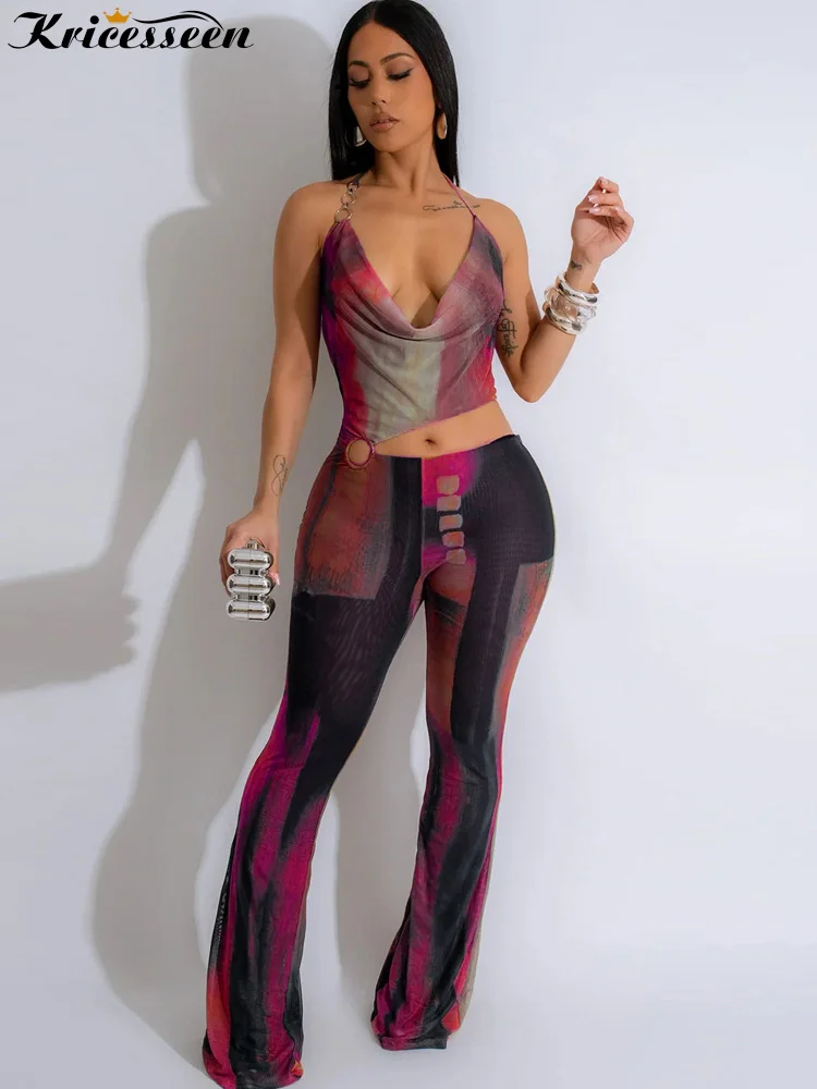 

Kricesseen Women's Halter Neck Tie Dye O-Rings Long Pants Mesh Jumpsuits Sexy Backless Cut-Out Rompers Overalls Night Clubwear