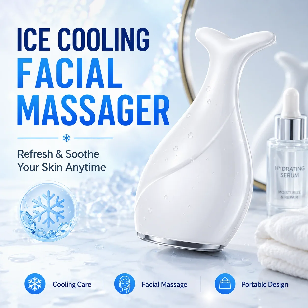 Fish Tail Ice Roller Facial Massager Cooling Skin Care Tool with Stainless Steel Cooling Head Cold Therapy Beauty Device Portabl